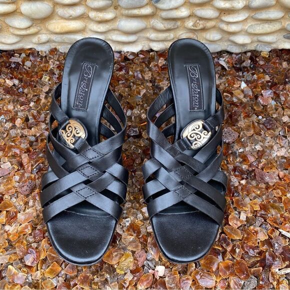 Brighton Vista Black Slide Open Toe Sandals Strappy Heels Leather Size 7.5M EUC! - Picture 2 of 10